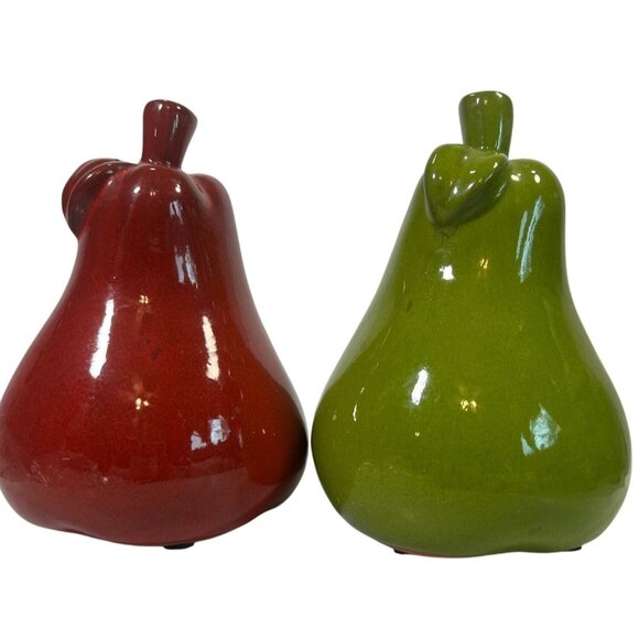 Set Of 2 Pear-Shaped Ceramic Figurines 7" Bright Green & Red Fruit Cottage Core - Picture 2 of 7